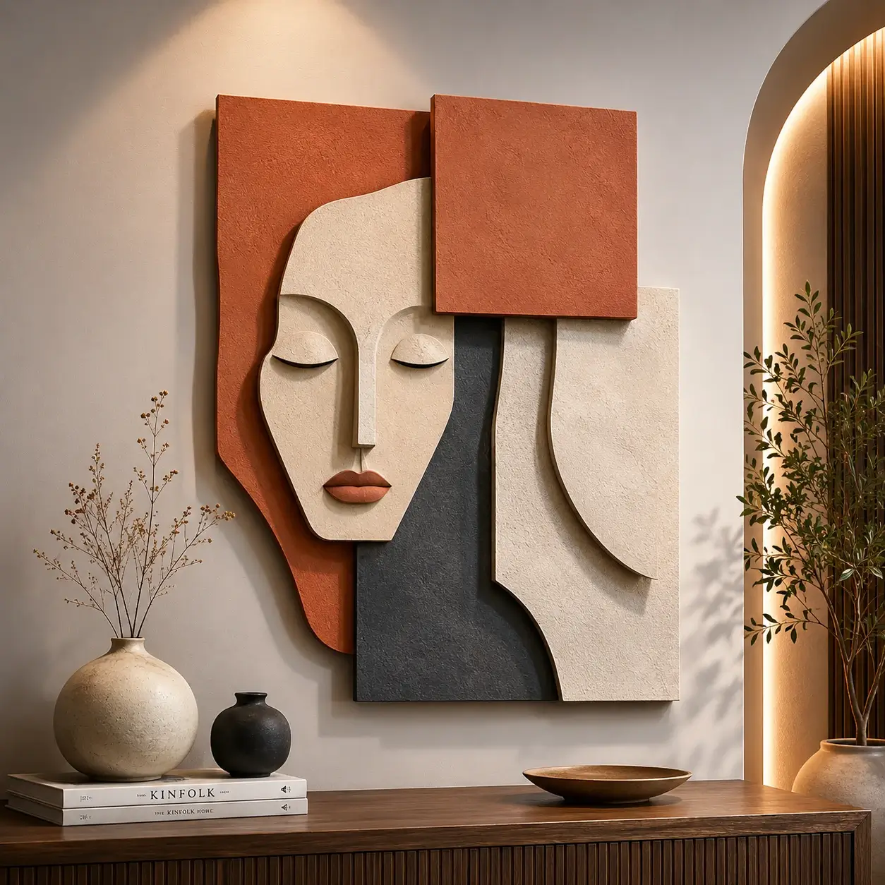 Linear Harmony Face Wall Art featuring a textured abstract female silhouette surrounded by geometric architectural forms in terracotta, sandstone, charcoal, and cream tones.