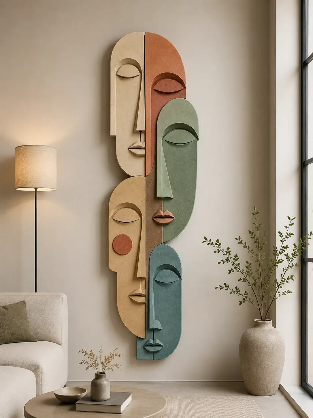 Totem Expressions Wall Art featuring five interconnected abstract faces with premium textured relief in terracotta, sage green, ocean teal, and sandstone tones.
