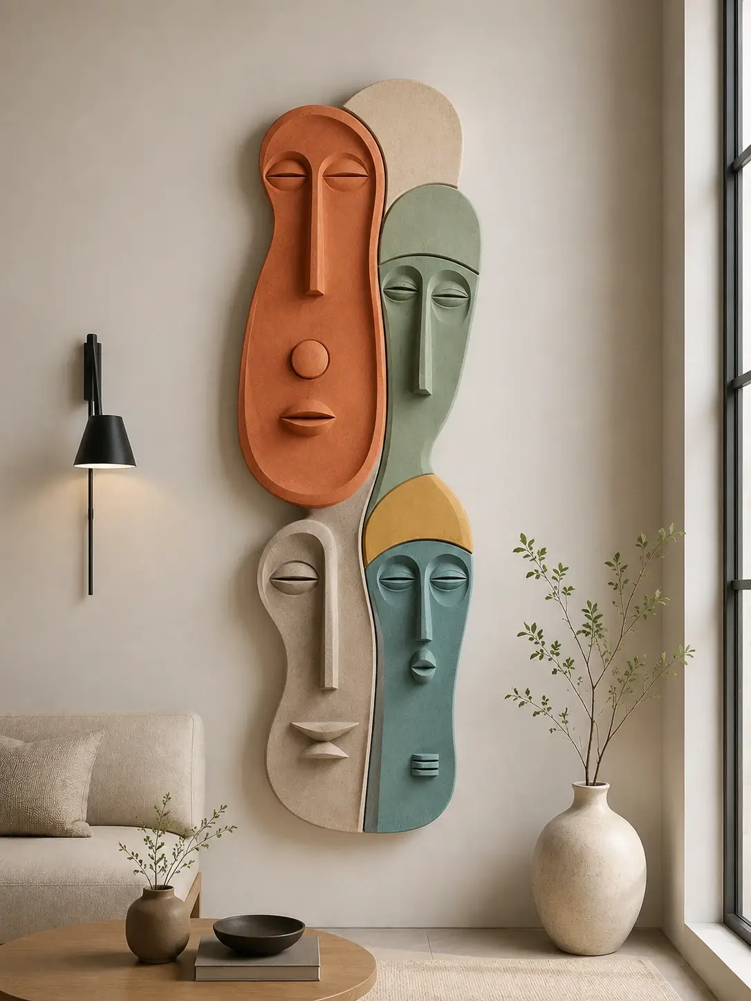 Ascend Silhouette Wall Art featuring elongated abstract faces with textured sculptural relief in terracotta, sage green, ocean teal, and sandstone tones.