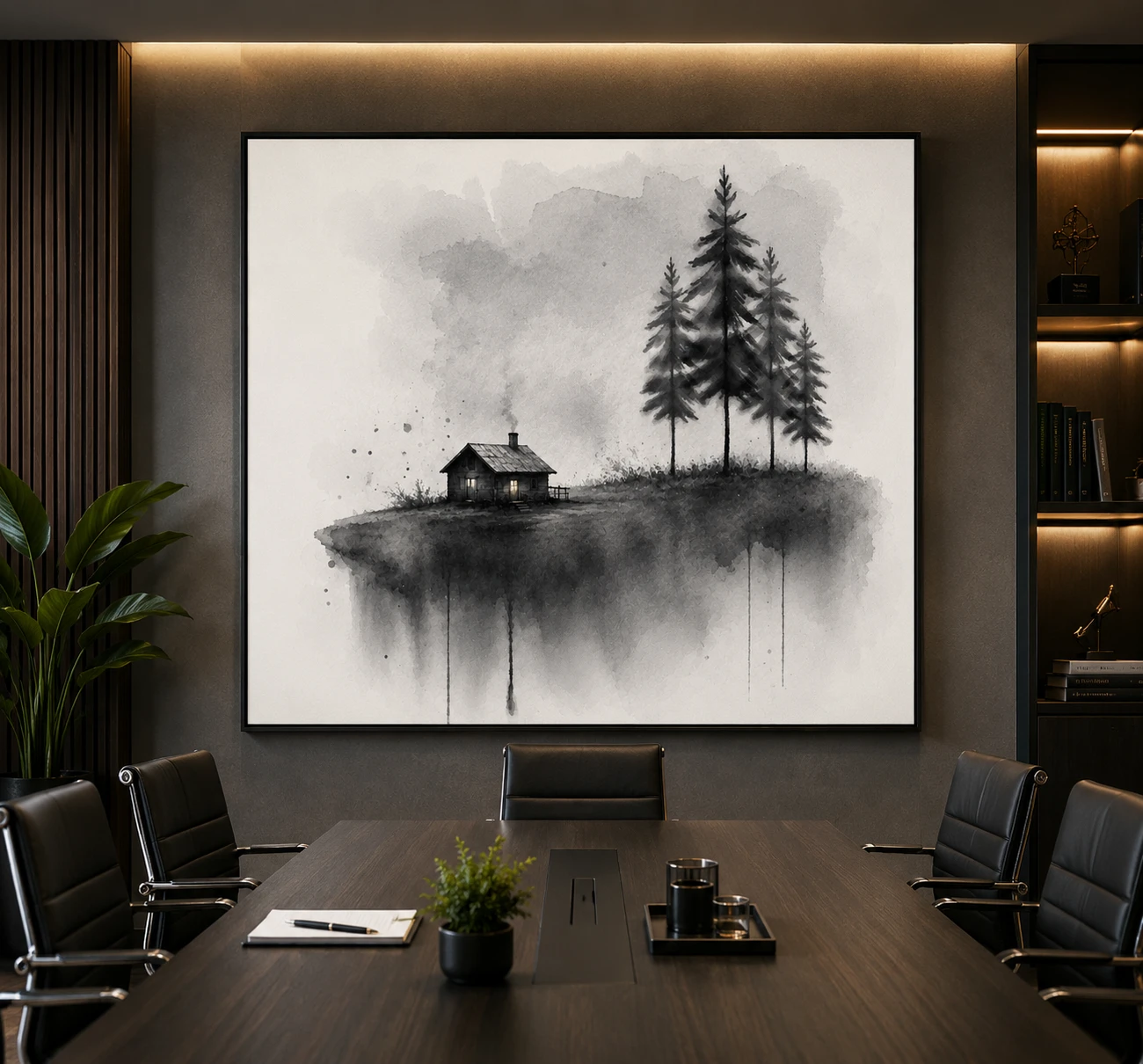 Minimalist Black & White Cabin in the Pines Canvas Wall Art
