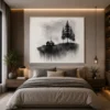 Minimalist Black & White Cabin in the Pines Canvas Wall Art - Image 3